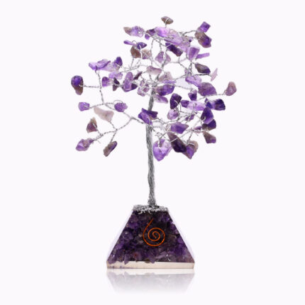 Handcrafted Amethyst Gemstone Tree with a pyramid-shaped orgonite base and copper spiral, promoting spiritual growth and energy harmony.