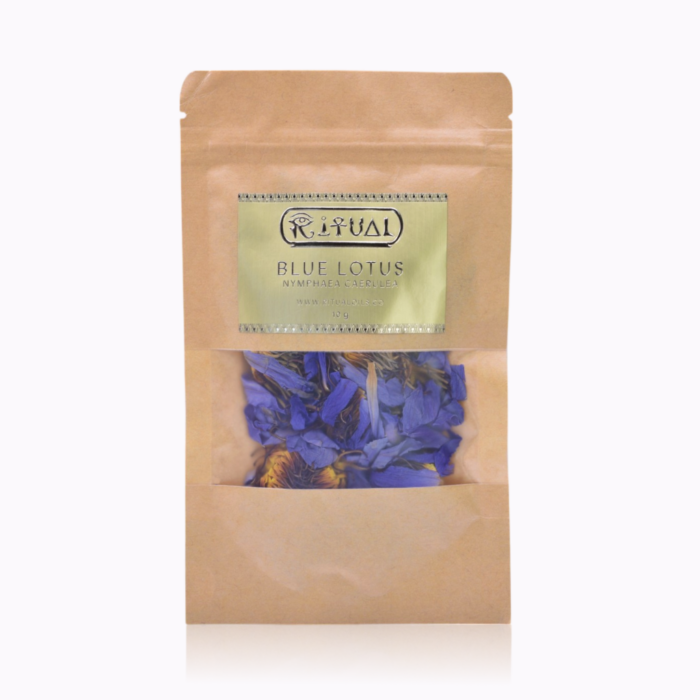 Ritual Oils Blue Lotus (Nymphaea caerulea) flowers in a resealable kraft paper pouch with a transparent window, showcasing vibrant dried blue lotus petals, labeled as 10g