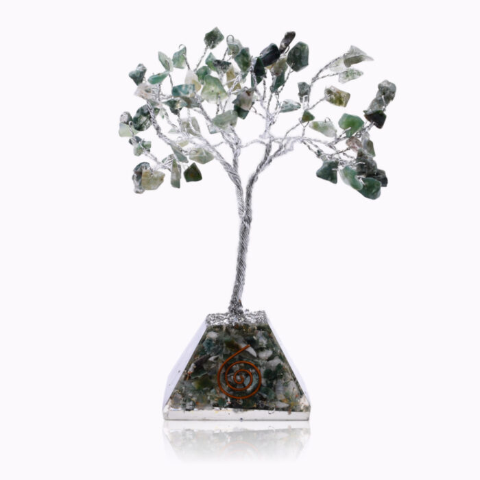 Moss Agate Gemstone Tree with Orgonite base and 80 natural stones. Perfect for grounding, balancing energy, and enhancing abundance in meditation or home.